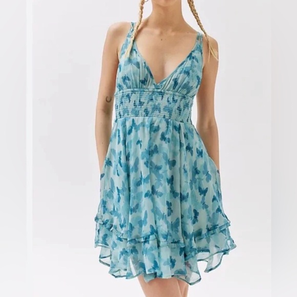 Urban Outfitters Dresses & Skirts - urban outfitters babydoll slip dress butterfly print ruffle hem medium sheer